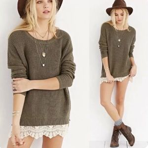 UO Pins And Needles Army Green Knit Sweater With Lace Trim